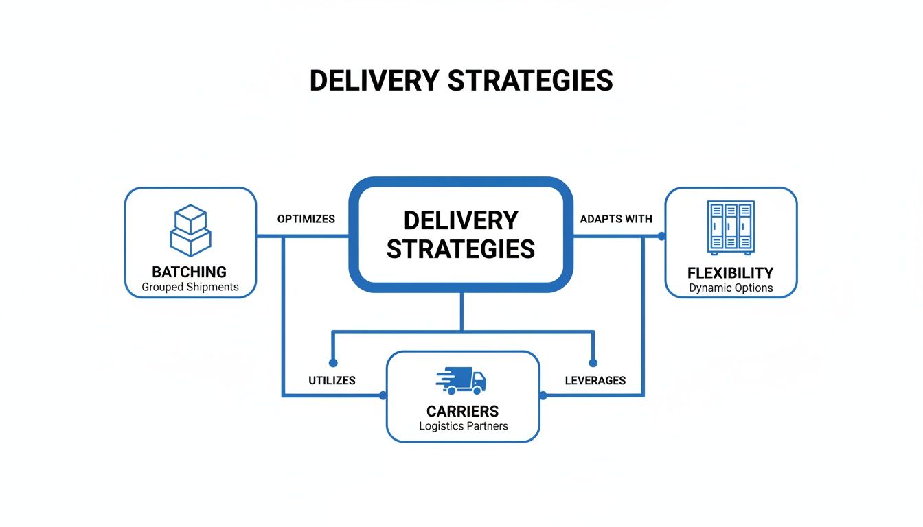 Flowchart illustrating delivery strategies, optimized by batching, adapting with flexibility, and utilizing/leveraging carriers.
