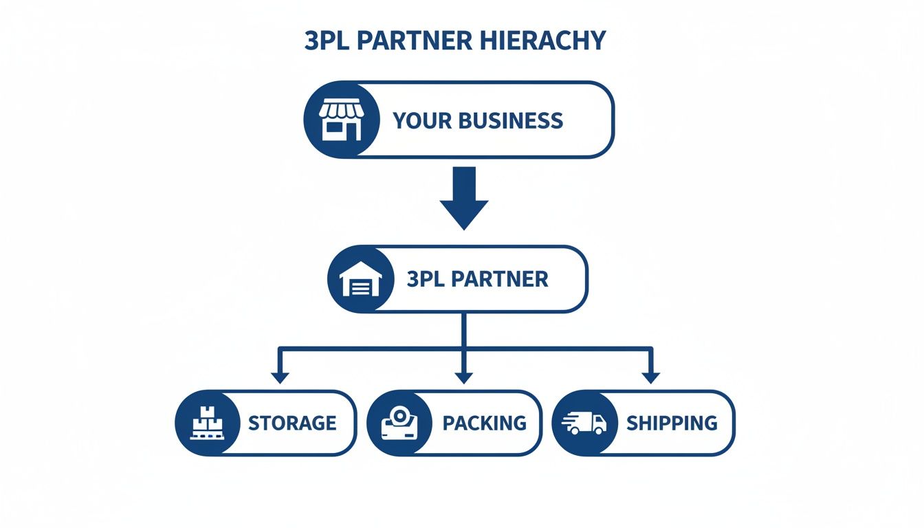 Flowchart illustrating a 3PL partner hierarchy, showing a business outsourcing storage, packing, and shipping services.