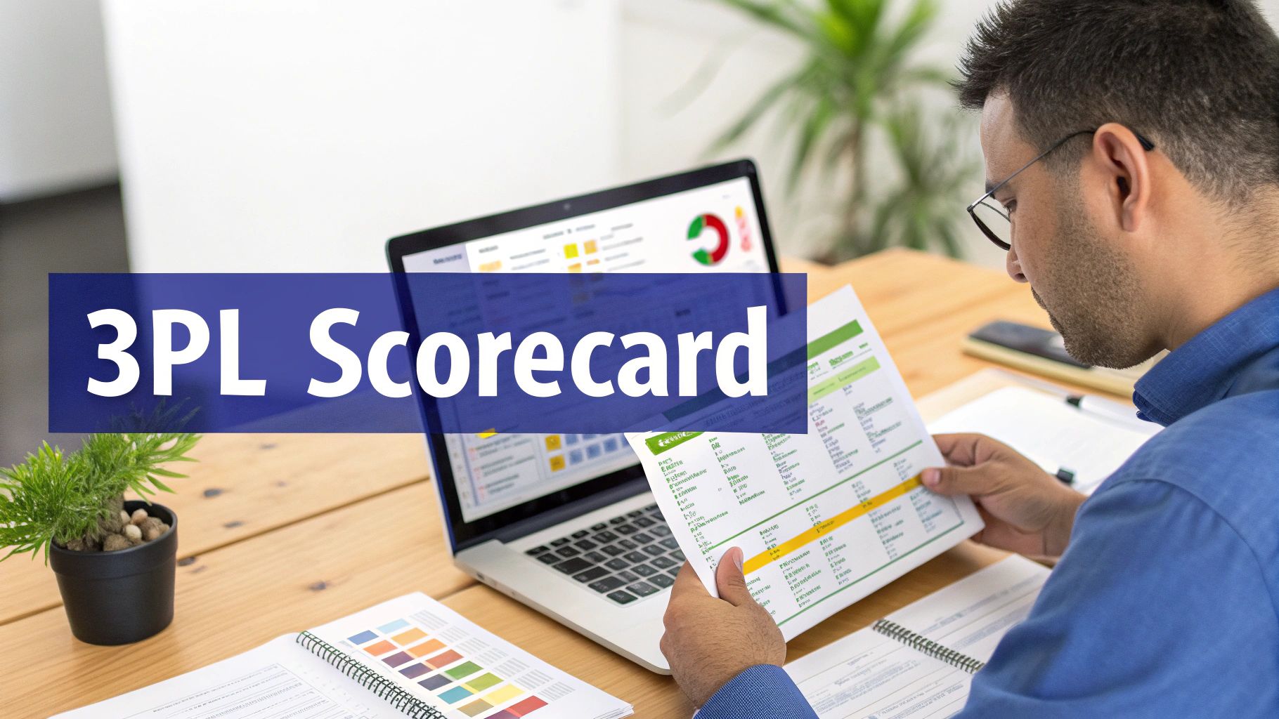 Professional man analyzing a 3PL scorecard report with data charts on a laptop.