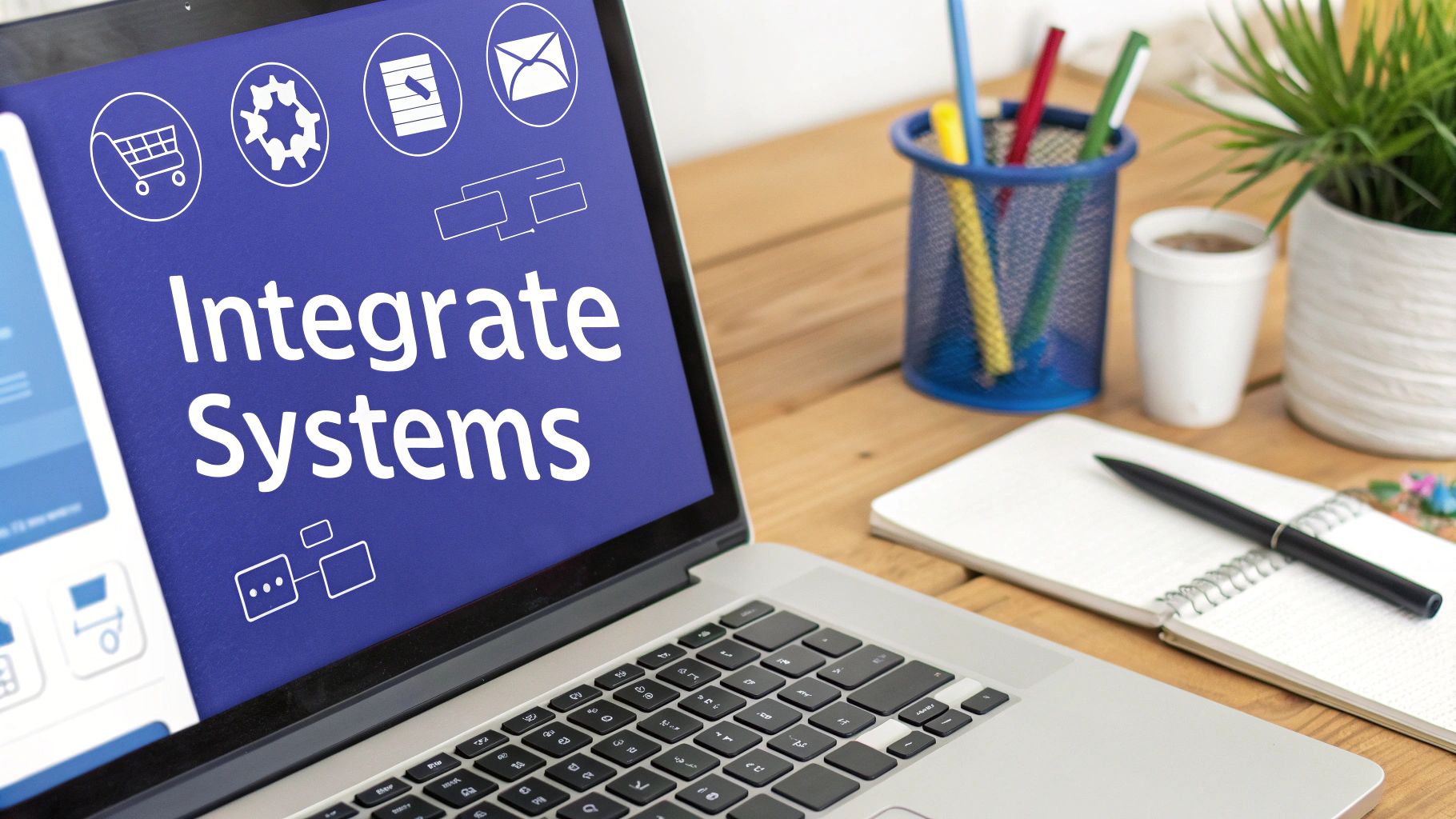 Laptop displaying &lsquo;Integrate Systems&rsquo; and related icons on a wooden desk with office supplies.