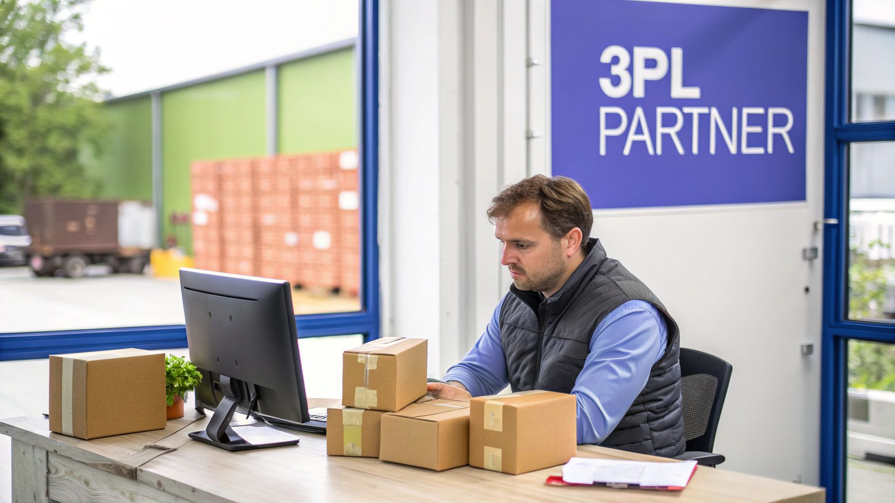 A man works at a desk with a computer and packages, in front of a &lsquo;3PL PARTNER&rsquo; sign.