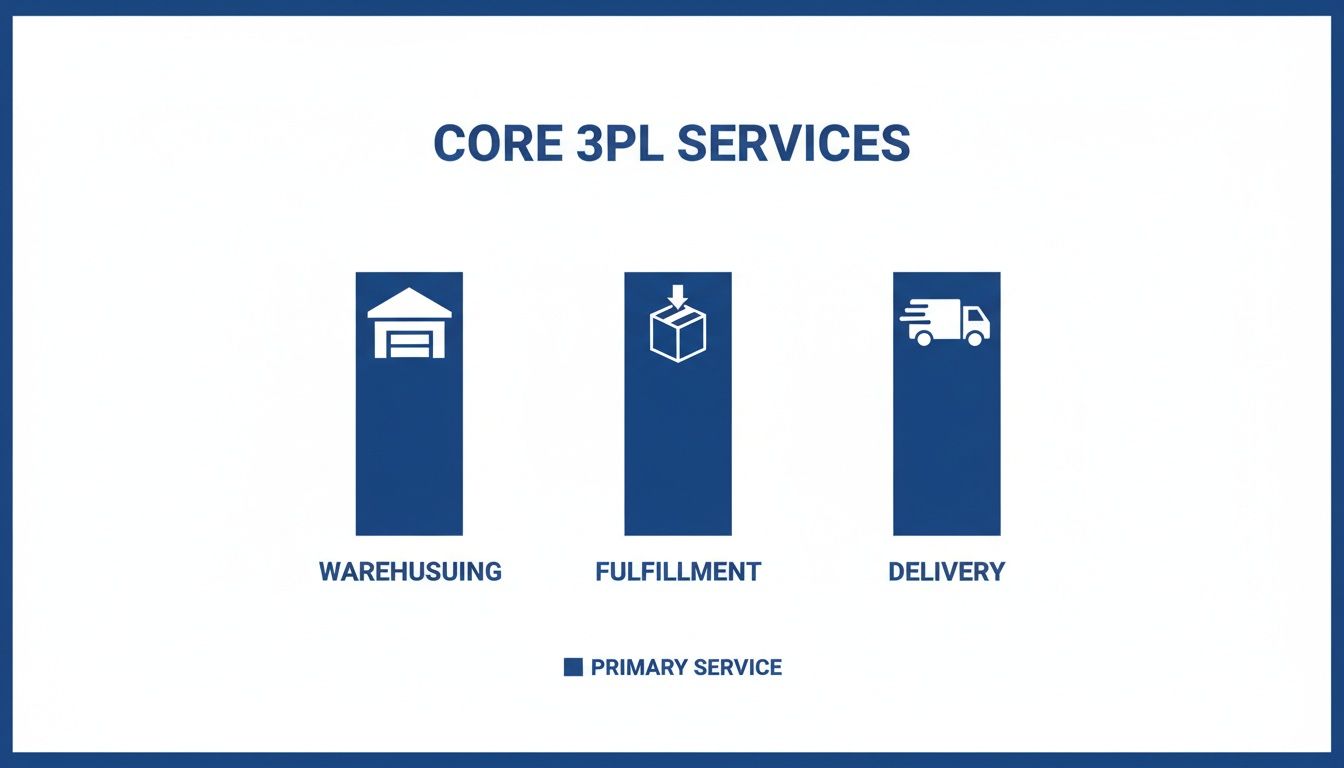 Infographic outlining core third-party logistics (3PL) services: warehousing, fulfillment, and delivery.