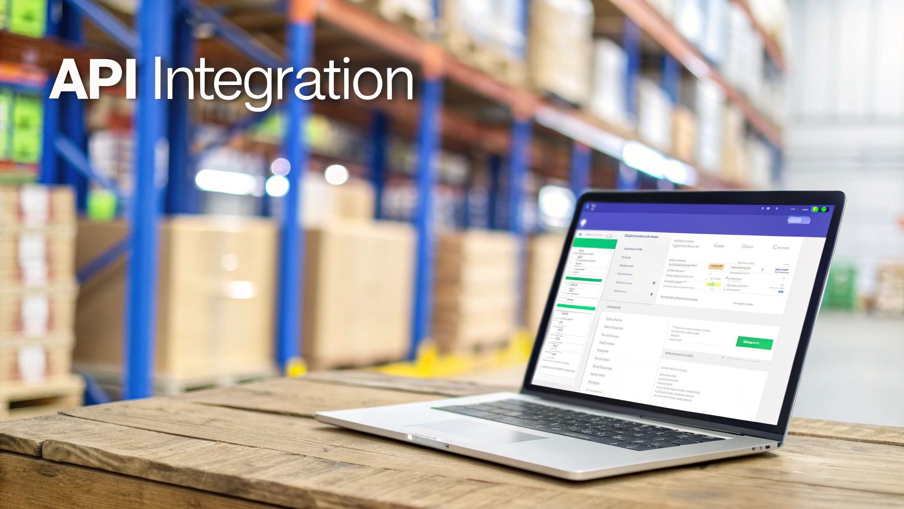 A laptop on a wooden table displays API integration software in a warehouse setting.