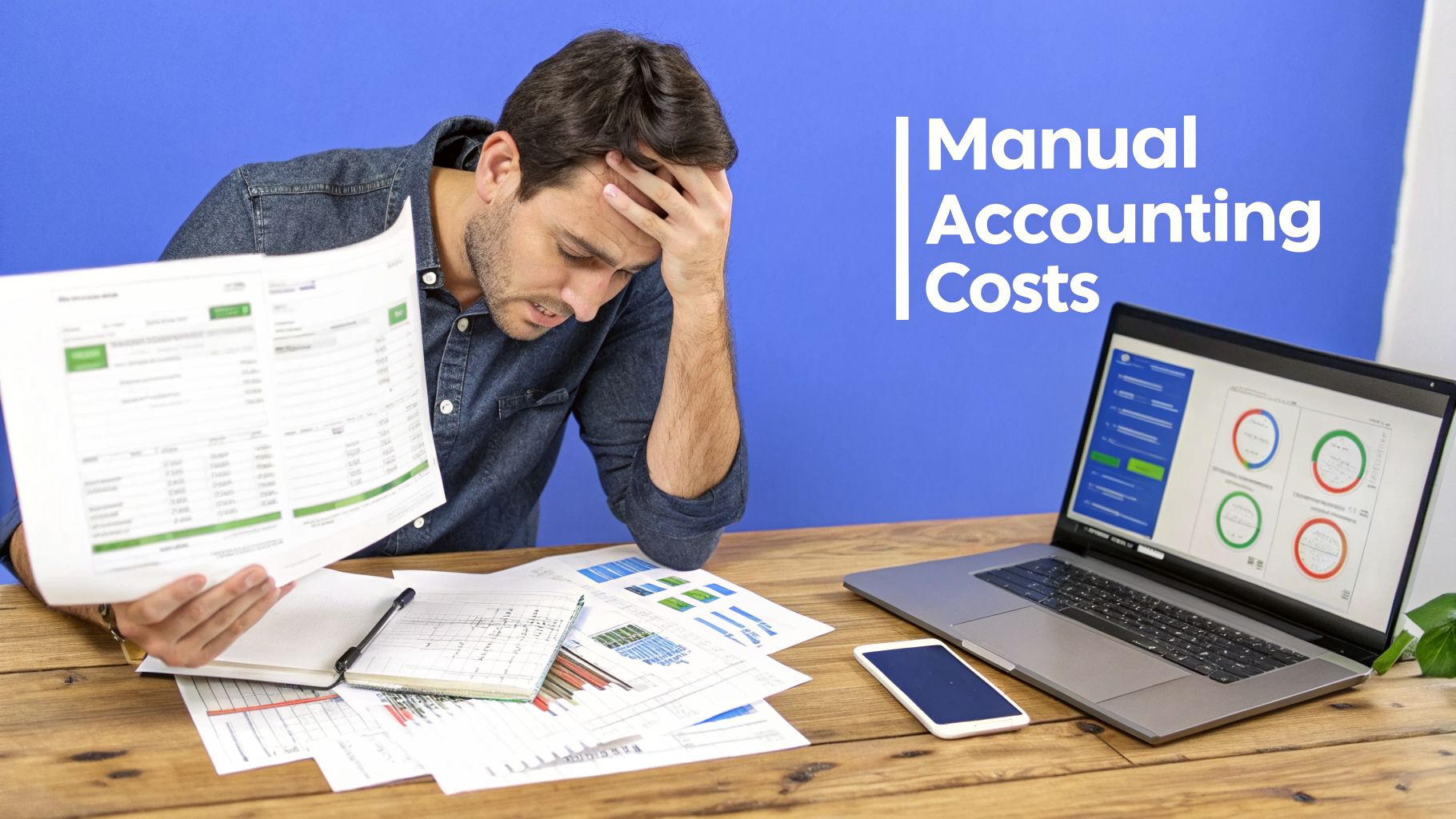 Stressed man holding accounting documents, surrounded by paperwork, laptop, and phone, highlighting manual accounting costs.