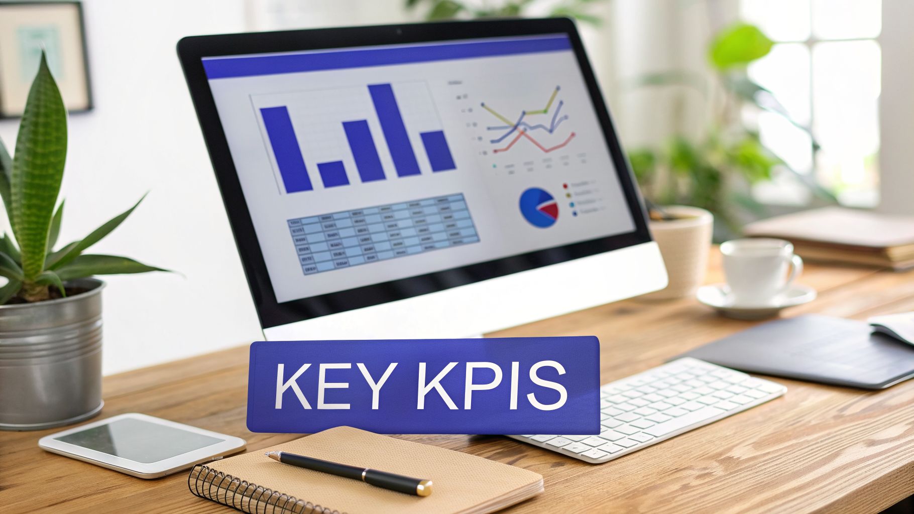 Office desk with computer showing data dashboards and &lsquo;KEY KPIS&rsquo; sign, highlighting business analytics.