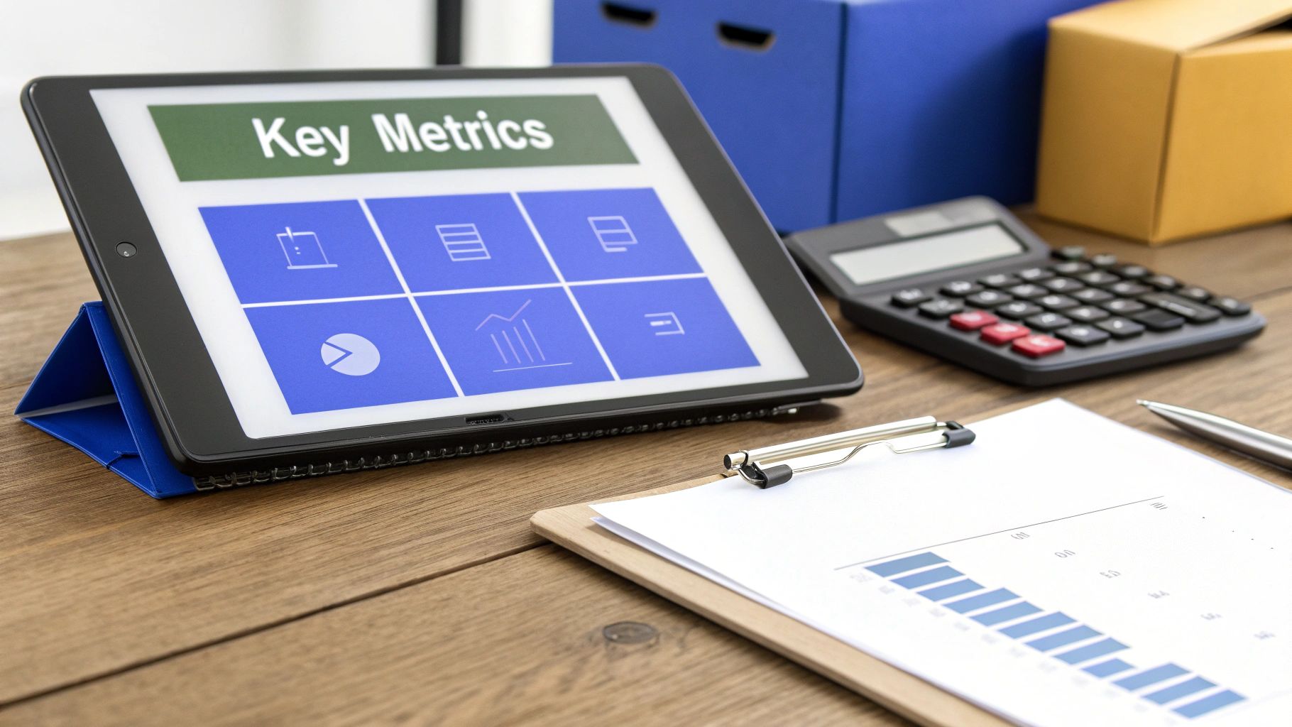 A tablet displays &ldquo;Key Metrics&rdquo; data with a calculator and business reports on a wooden desk.