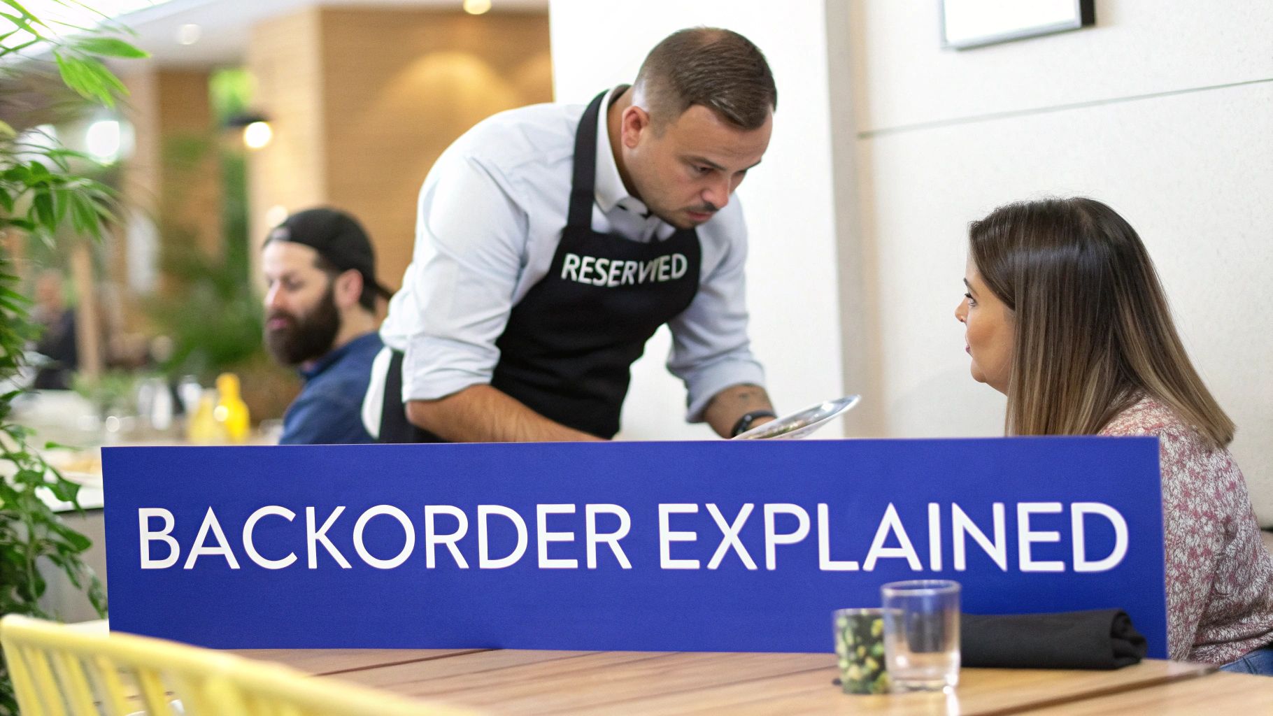 A waiter serves a female customer in a restaurant, with a prominent ‘BACKORDER EXPLAINED’ sign on the table.
