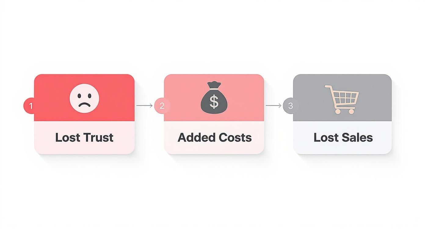 Flowchart illustrating how lost trust leads to added costs and ultimately lost sales.