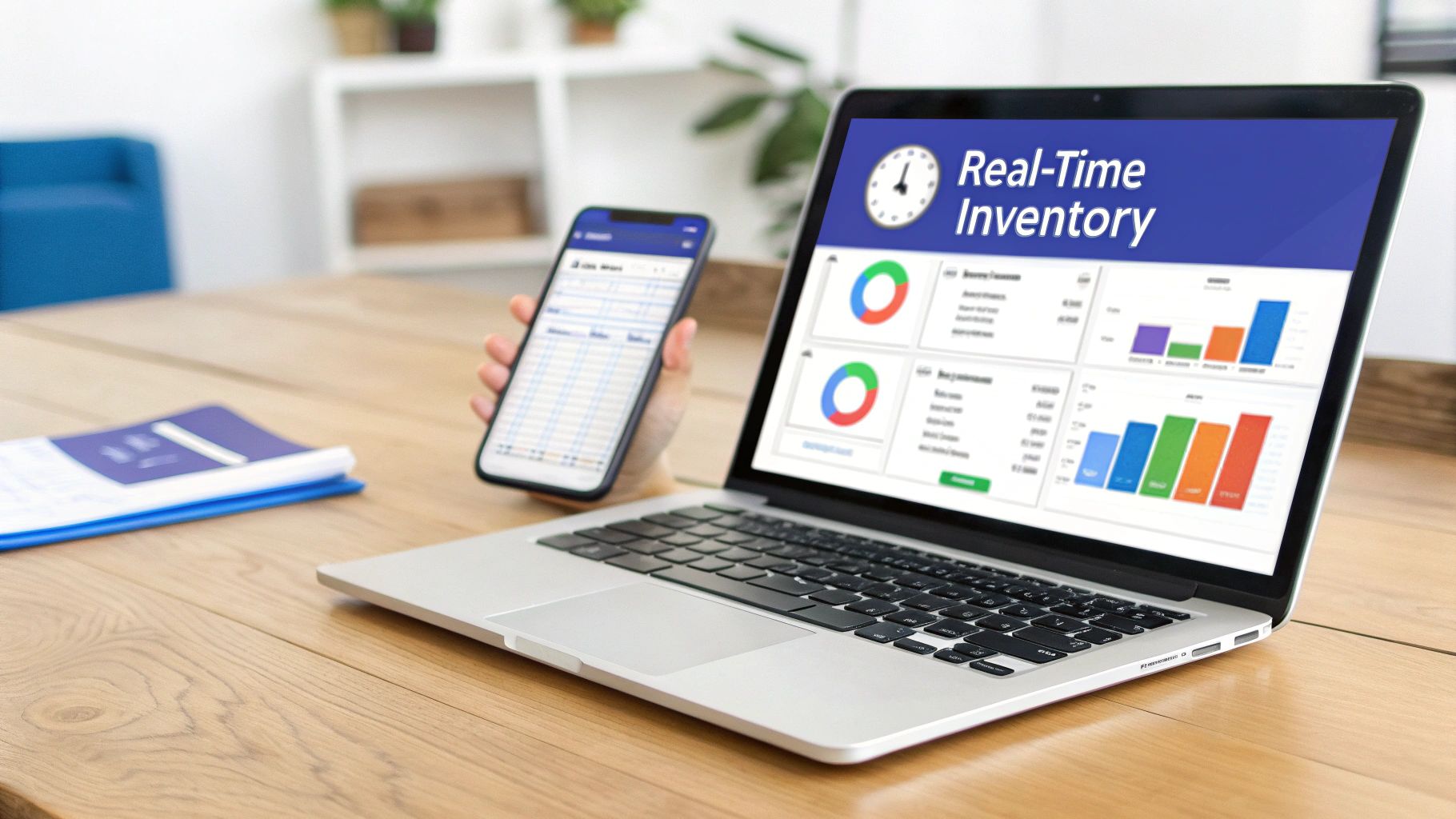 A person holds a smartphone next to a laptop displaying real-time inventory management software.